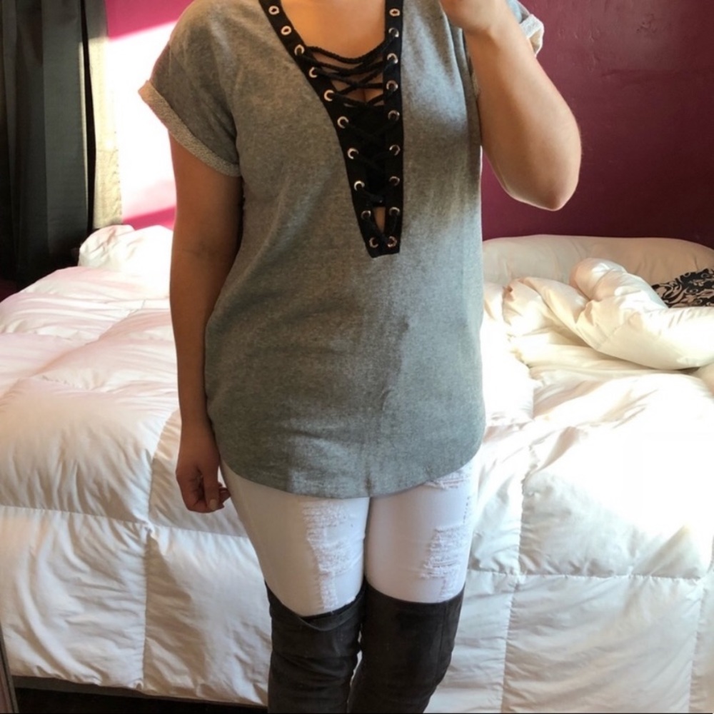 Womens gray french terry lace up short sleeve top - Picture 5 of 8